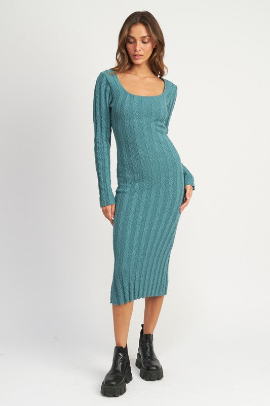 SQUARE NECK RIBBED MIDI DRESS  Los Angeles MODA